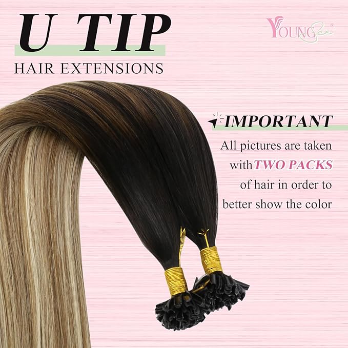 YoungSee U Tip Hair Extensions Human Hair Balayage 20 Inch U Tip Hair Extensions Balayage Blonde with Brown Utip Human Hair Extension Ombre Dark Brown to Blonde Keratin Hair Extension 50s/50g