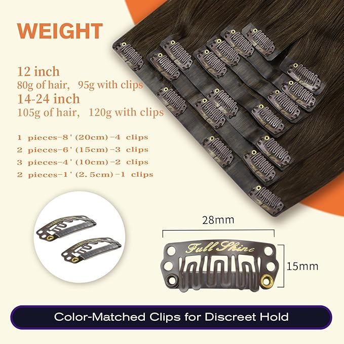 Full Shine Clip in Hair Extensions Dark Brown Seamless Hair Extensions Clip in PU Weft Real Human Hair Brown Natural Silky Hair for Women Add Volume 16 Inch 120 G 8 Pcs