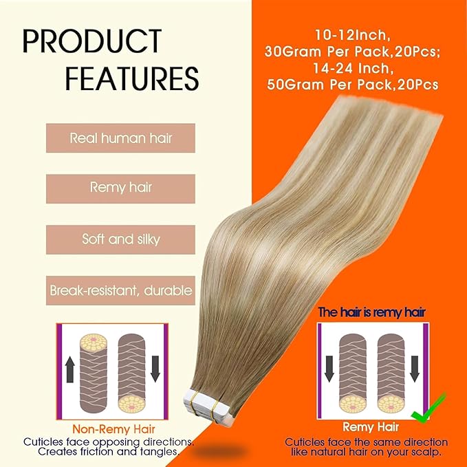 Full Shine Ombre Blonde Tape in Hair Extensions Human Hair 6/27/60 Brown to Honey Blonde 16Inch Tape in Extensions Balayage Invisible Seamless Human Hair Extensions 50Gram 20pcs for Wedding