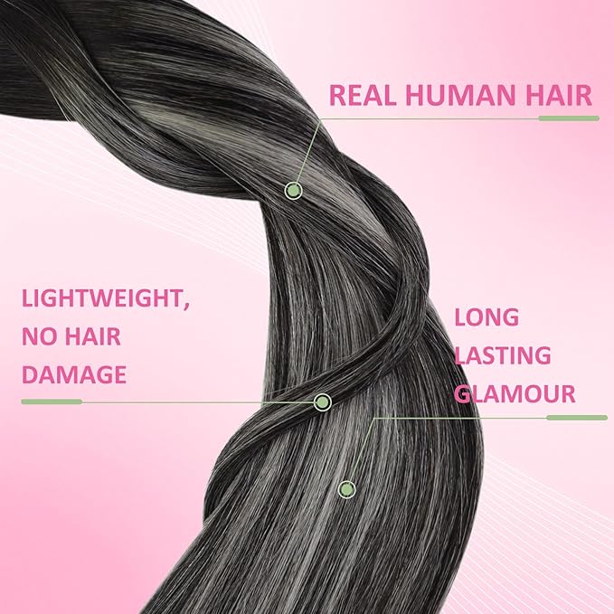 YoungSee Human Hair Tape in Extensions Black Ombre Invisible Tape-in Natural Hair Extensions Ombre Black to Silver Tape ins Hair Extension for Women 16 In 50g 20pcs Extensiones Adhesivas Pelo Humano