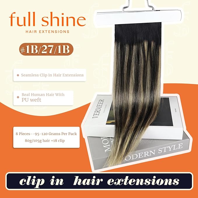 Full Shine Seamless Clip in Hair Extensions Human Hair Ombre Natural Black Mixed Caramel Blonde Invisible Clip in Hair Extensions Human Hair with PU Weft 16 Inch 120 Grams 8pcs