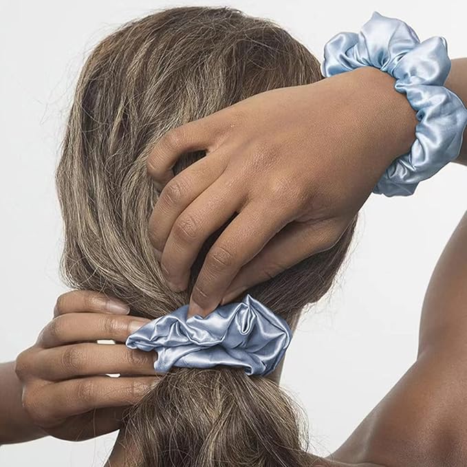 Suncdelv Silk,100% Silk Scrunchies for Hair,22 Momme Hair Ties for Anti-Crease & Breakage,Natural Women Hair Accessories，Fashion Hairbands 3PCS（Sapphire Blue）