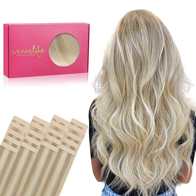 WENNALIFE Tape in Hair Extensions Human Hair, 20pcs 18 inch 50g Ash Blonde to Golden Blonde and Platinum Blonde Remy Tape Hair Extensions Real Human Hair Tape Extensions Coloured Hair Extensions