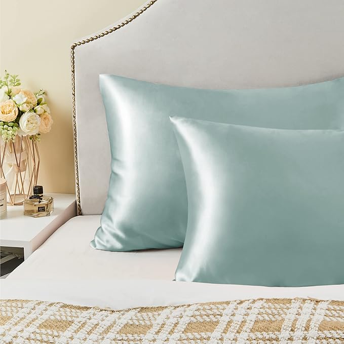 BEDELITE Satin Pillowcase with Zipper 2 Pack, Haze Blue Pillow Cases Standard Size, Super Soft and Cooling Similar to Silk Pillow Cases, Gift for Women Men(20x26 Inches)