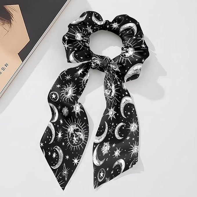 Green Star Hair Ties Elastic Ribbon 2 Pack Sun Moon Black Knotted Bow Hair Scrunchies for Girls No Damage Ponytail Scrunchy with Long Tails