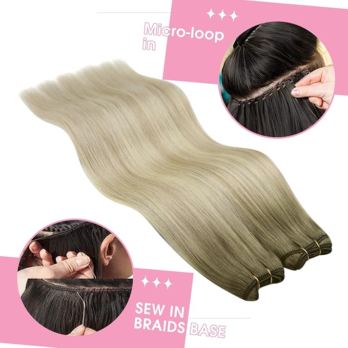 YoungSee Blonde Human Hair Weft Extensions Long Straight Hair Extensions Sew in Ombre Double Weft Human Hair Extension Ash Blonde Mix Platinum Blond Balayage 24Inch 100G