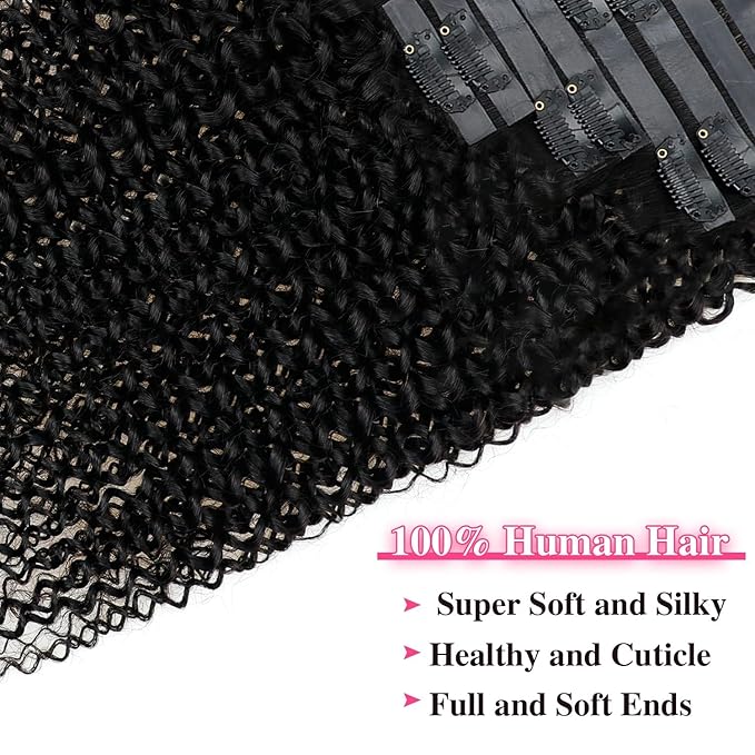 Seamless Kinky Curly Clip in Hair Extensions Real Human Hair Brazilian Virgin 3c 4a Curly Clip ins Human Hair Extensions (16inch,#1B)