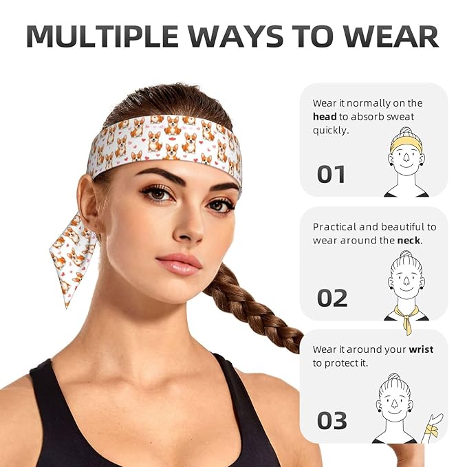Men Women Beauty Skinny Sports Sweatbands Head Accessories for Running Fitness Shower, Long Multi Style Puppy Welsh Corgi And Heart Cute Funny Dog Head Ribbon Headwear