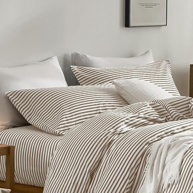 JELLYMONI 100% Natural Cotton Striped Queen Pillowcases Set, 2 Pack White and Khaki Stripes Pattern Printed Pillow Covers with Envelope Closure(Pillows are not Included)