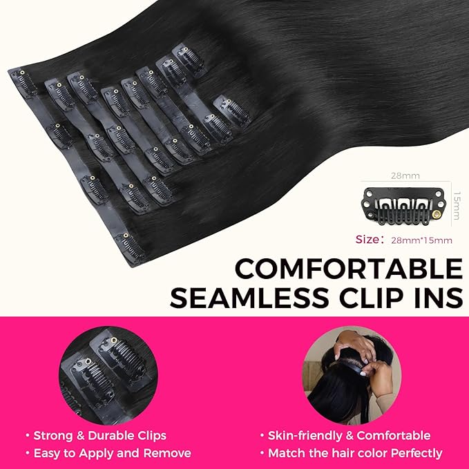 Lashey Seamless Clip in Hair Extensions Human Hair 130g 9pcs #1 Jet Black Straight 14 Inch Human Hair Clip in Extensions for Women