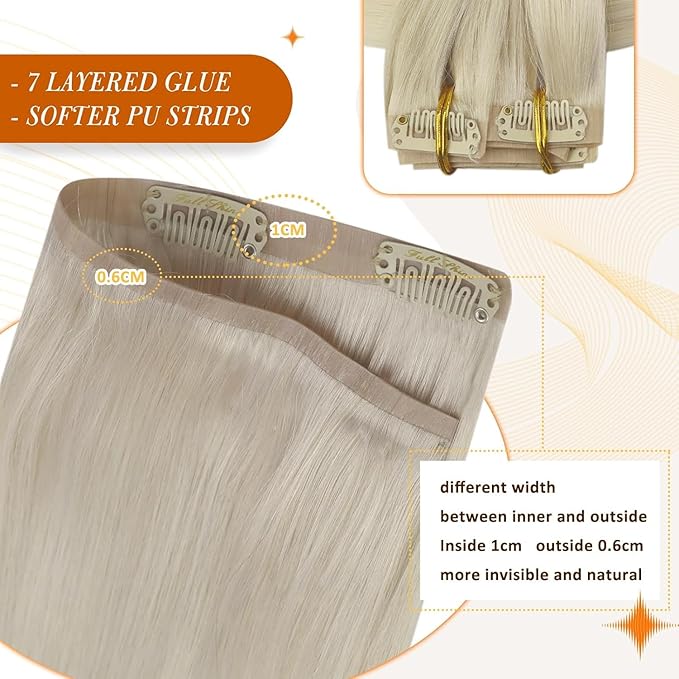 Full Shine Seamless Hair Extensions Clip in White Blonde Extensions Clip in Straight Real Human Hair for Women with PU Weft Full Head 16 Inch 120 G 8 PCS