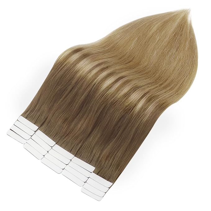 Full Shine Tape ins 12Inch Tape in Hair Extensions Human Hair Seamless Double Sided Tape Balayage 10 Light Brown Fading to 14 Golden Blonde Invisible Remy Tape in Human Hair Extensions 30G 20Pcs