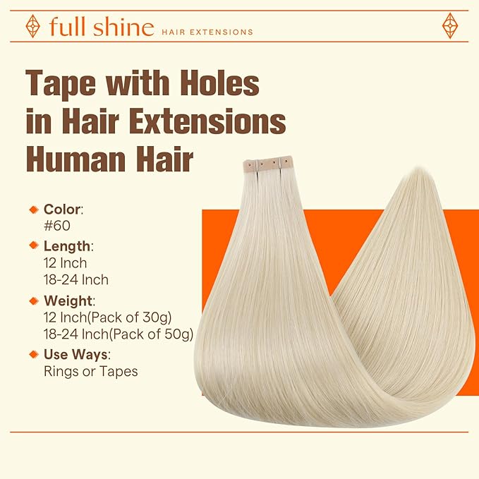 Full Shine Tape in Hair Extensions Human Hair Blonde Tape ins Color 60 Bleach Blonde Glueless Remy Human Hair Extensions with Holes 20PCS 50G 18Inch No Glue No Clips for Thin Hair