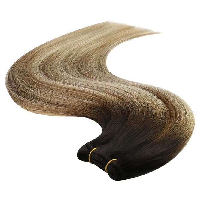 YoungSee Sew in Hair Extensions Real Human Hair Ombre Hair Extensions Weft Dark Brown Roots to Medium Brown with Blonde Balayage Soft Hair Extension Sew in for Full Head 100G 18Inch