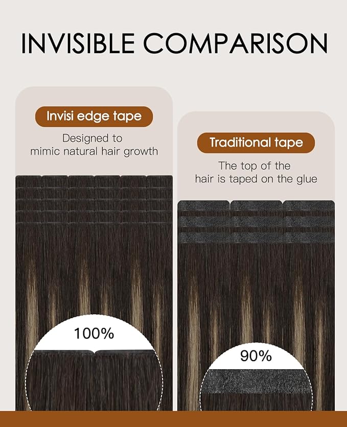 VINBAO Injected Tape in Hair Extensions Balayage Dark Brown Mixed Chestnut Brown 50g 18in 20pcs Invisi Edge Tape in Extensions Human Hair Natural Full 18inch #2/6/2
