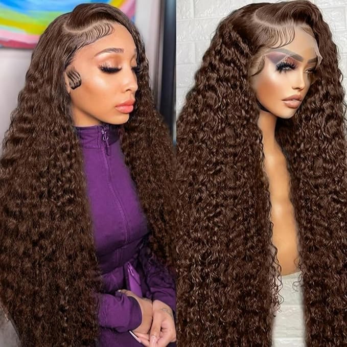 32 Inch Chocolate Brown Deep Wave Lace Front Wigs Human Hair Pre Plucked 200% Density 13x6 HD Lace Frontal Wigs with Baby Hair Deep Curly Wet and Wavy Glueless Wigs for Women (4# Brown, 32 Inch)