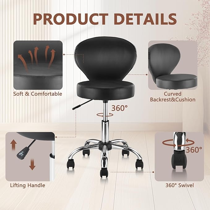 Set of 4 PVC Faux Leather Rolling Swivel Salon Stool Chair with Wheel Back Lumbar Support Seat Height 22 in Diameter 15 Inch Adjustable Hydraulic Chair for Office Massage Facial Spa 4 Pack
