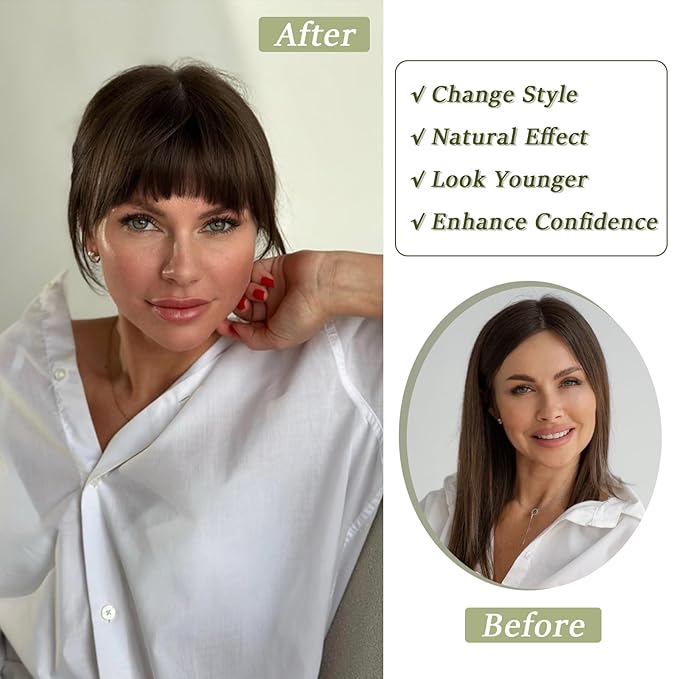 Clip in Bangs Real Human Hair Dark Brown French Bangs Fringe with Temples Thick Curtain Bangs Clip on Bangs Curved Fake Bangs Hairpieces for Women for Daily Wear