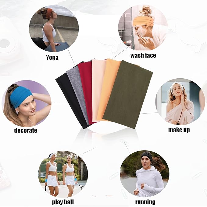 6 Pack Extra Wide Headbands for Women's Hair Band Stretchy Turban Girls Styling Accessories Headband Sports Headbands Trendy Head Bands for Women（Black,Beige, Army green,Red,Dark Gray,Turmeric）