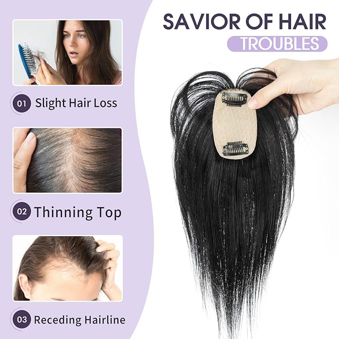 14 Inch Hair Topper For Women Real Human Hair Invisible Hairpiece for Thinning Hair, Jet Black Real Human Hairpiece for Women
