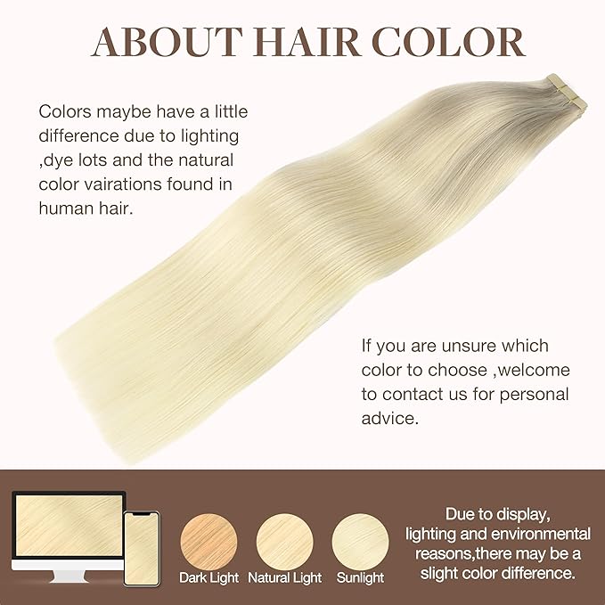 GOO GOO Tape in Hair Extensions Human Hair, 17/22/60 Ash Blonde to Golden Blonde and Platinum Blonde, 22inch 50g 20pcs, Skin Weft Seamless Invisible, Silky Straight with Thick Ends, Remy Human Hair
