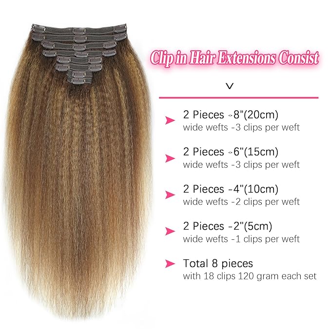Kinky Straight Clip in Hair Extensions Real Human Highlight Clip ins For Women Unprocessed Clip on Hair Extensions(26inch,#4/27/4)