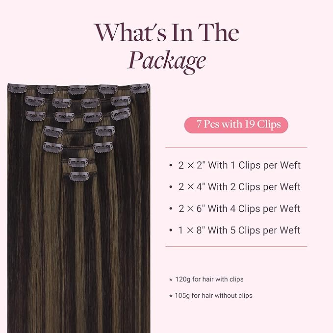 GOO GOO Clip in Hair Extensions Real Human Hair, Remy Human Hair Extensions Clip ins for Women, Natural Human Hair, 24inch 170g 7 Pcs, #2/6 Dark Brown Highlighted Chestnut Brown