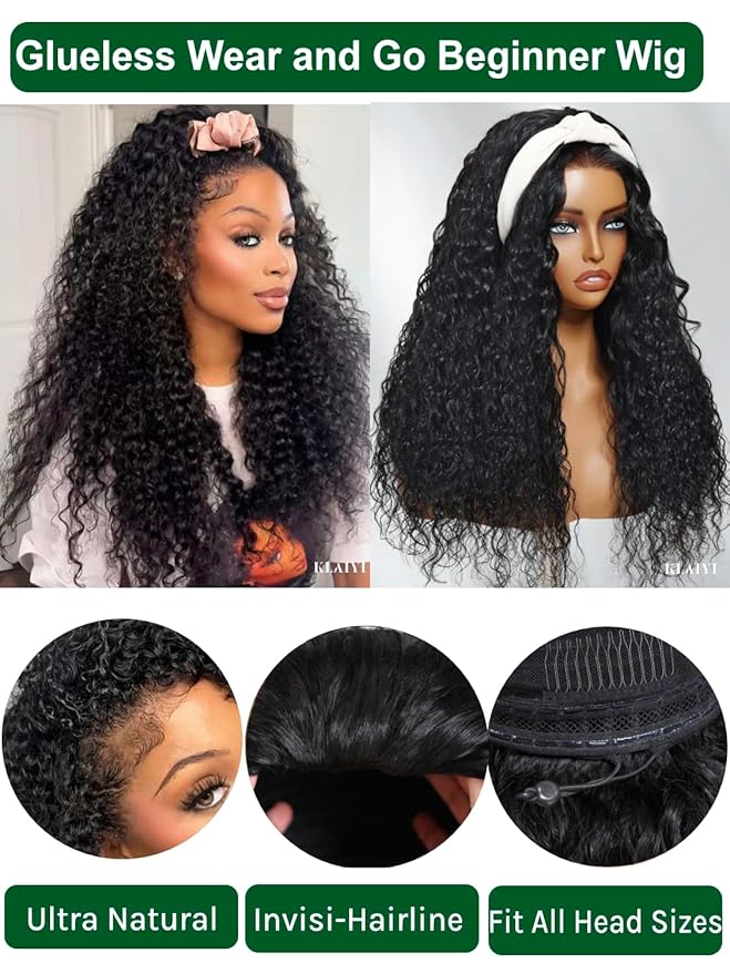 KLAIYI Water Wave 3 In 1 Flip Over 3/4 Half Wig Human Hair Curly Flip Over Seamless Blend Edges Glueless Wear and Go Drawstring Headband Clip In Wigs for Women Ready to Go Wig Beginner Friendly 22Inch