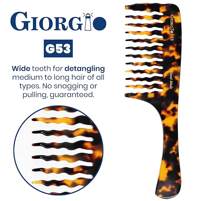 Giorgio G53 Wide Tooth Comb for Curly, Thick Hair - Handmade Rake Detangler for Wet or Dry Hair, Saw-Cut and Hand Polished (8")