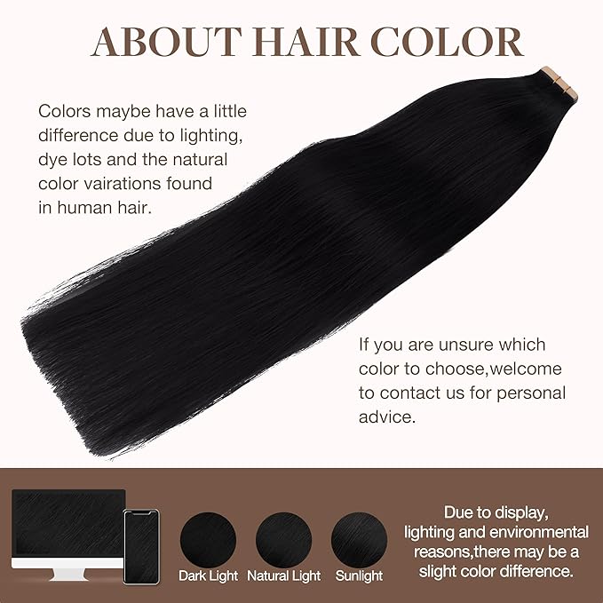 GOO GOO Tape in Hair Extensions Human Hair, 1 Jet black, 20inch 100g 40pcs, Skin Weft Seamless Invisible, Silky Straight with Thick Ends, Remy Human Hair