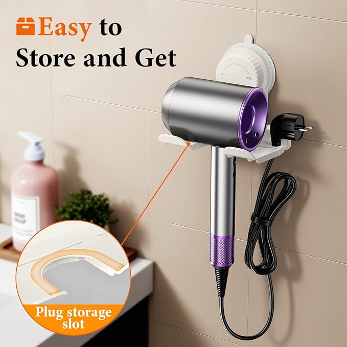 Universal Suction Cup Blow Dryer Holder,Hairdryer Holder For Bathroom Wall Mount,With Plug&Cord Organizer.Strong And Stable，Easy Installation Ideal for Bathroom And Cabinet Door(White)