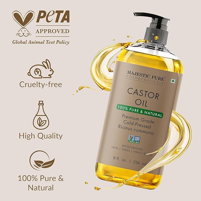 Majestic Pure Castor Oil - 100% Pure & Natural - Premium Grade, Cold Pressed, Hexane Free - Hair, Eyelashes, Eyebrows, Nails - Moisturizing & Nourishing - 8 Fl Oz