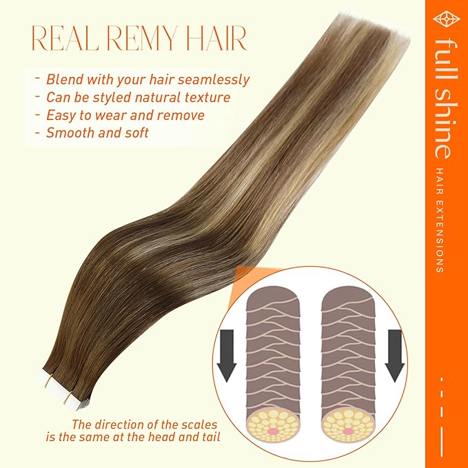 Full Shine Tape in Hair Extensions Human Hair Balayage Color 4/27/60/8 Ombre Brown and Blonde Seamless Skin Weft Tape in Extensions 12 Inch 20 Pcs 30G Brazilian Invisible for Women