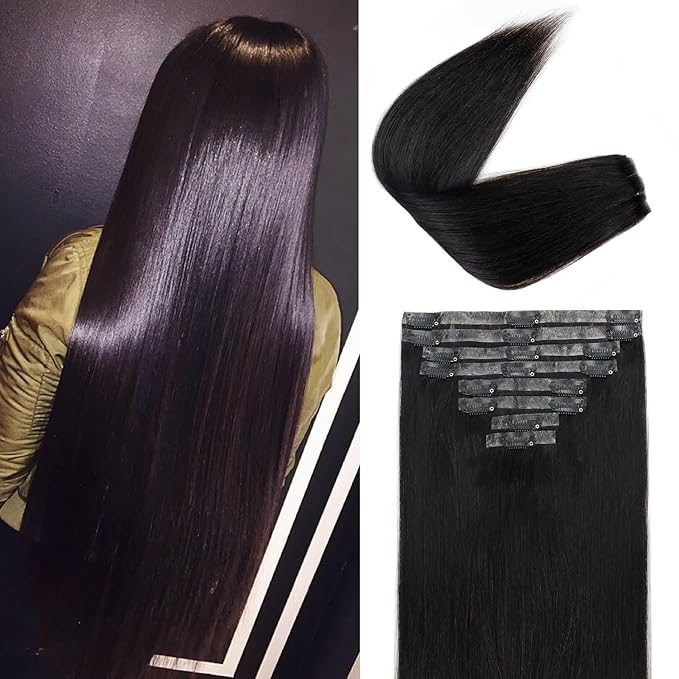 Injected Clip in Hair Extensions Real Human Hair Invisible Hand-Tied Weft Hair Extensions Clip in Human Hair Straight Seamless Clip ins for Women 8Pcs 120g 16inch #1B Natural Black