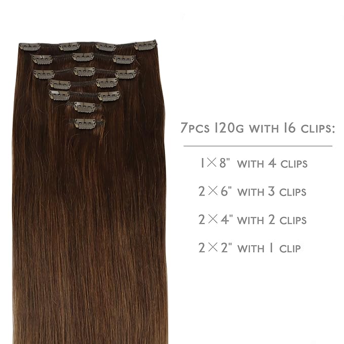 WENNALIFE Clip in Hair Extensions Real Human Hair, 24 Inch 140g 7pcs Remy Hair, Chocolate Brown Straight Natural Extensiones De Cabello Humano Con Clip Ins