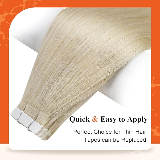 Full Shine Tape in Hair Extensions 24 Inch Tape in Color 60 Blonde Double Sided Hair Extensions Seamless Real Human Hair 20 Pcs 50 Gram Straight Add Length for Women Natural