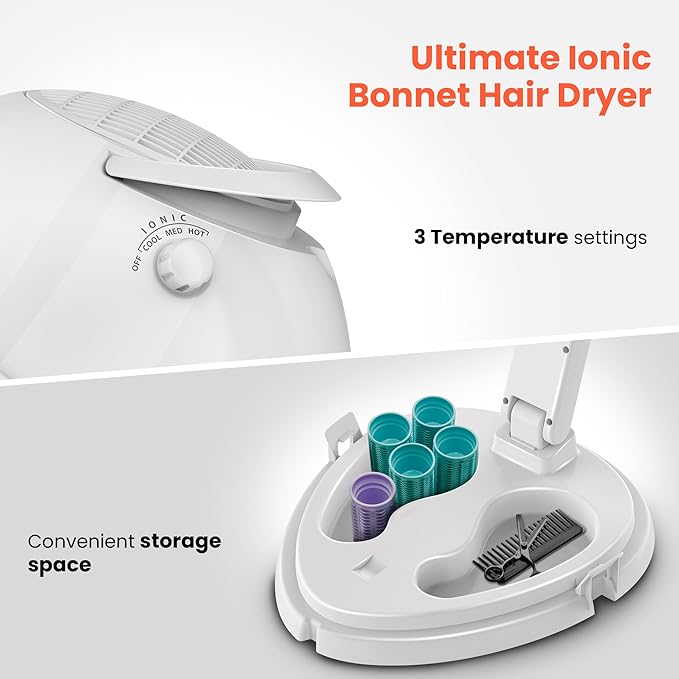 TASALON Ionic Hooded Dryer - 1875W Bonnet Dryer, 3 Heating Settings, Sit Under for Home and Salon, Portable Hair Dryer with Hood, Height Adjustable Hooded Hair Dryer- White