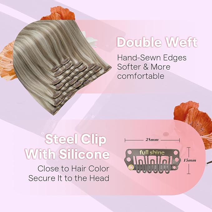 Full Shine Clip In Hair Extensions Real Human Hair, Blonde Clip In Extensions for Thin Hair 7Pcs 120G Real Human Hair Extensions Clip In, Silky Straight Hair 20 Inch
