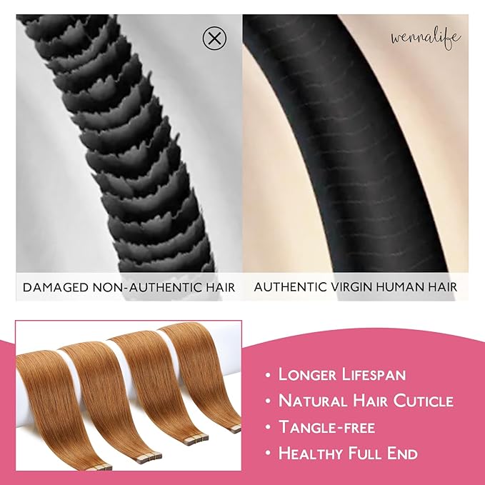 WENNALIFE Tape in Hair Extensions Human Hair Auburn Ginger Tape in Extensions, 10pcs 30g 22 inch Remy Invisible Tape Ins Straight Colored Soft Real Human Hair Tape in Extensions Refill Set Extensions