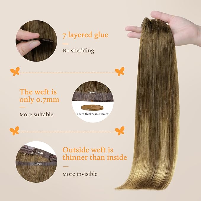 DOORES Seamless Clip in Real Human Hair Extensions, Medium Brown Highlighted Dirty Blonde, 20 Inch 7pcs 110g, Invisible Edge Remy Hair Extensions Straight