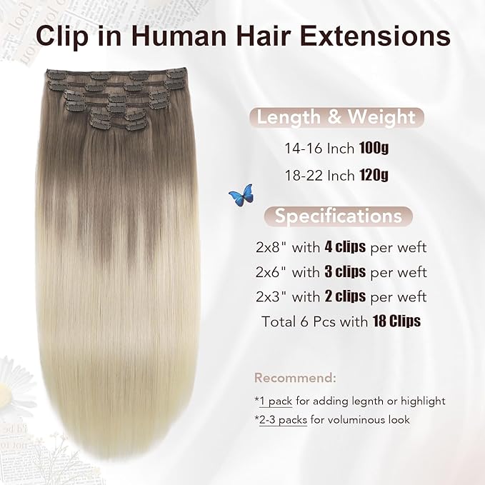 XDhair Clip in Hair Extensions Human Hair 120g18 Inch Balayage Ombre Ash Brown to Platinum Blonde Double Weft Clip in Hair Extensions 6pcs for Women(18, #8T60)