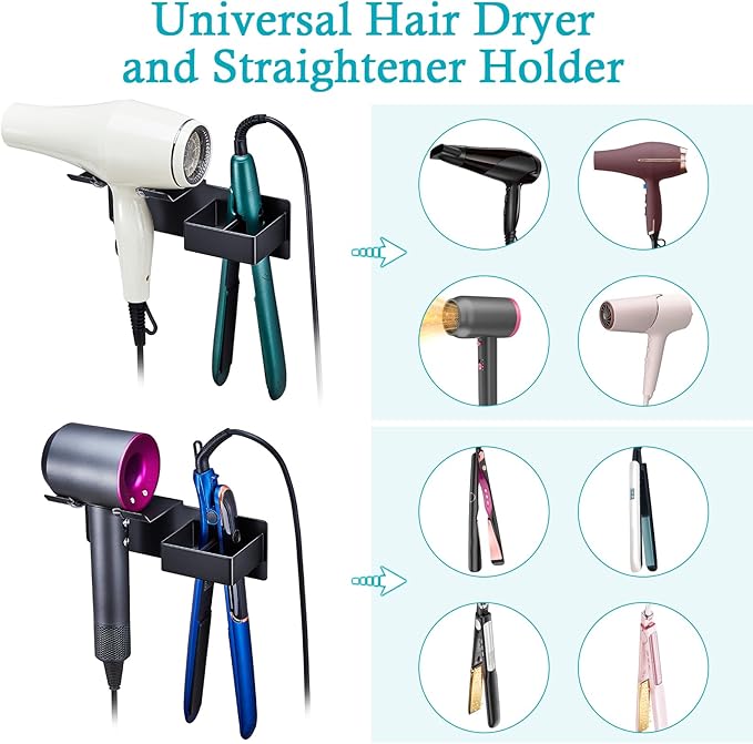Hair Dryer Holder, Hair Straightener Holder Wall Mount, Hair Tool Organizer, Hairdryer and Straightener Holders, Adhesive Hair Tool Storage for Blow Dryer, Curling Iron, Flat Iron Stand (Black)