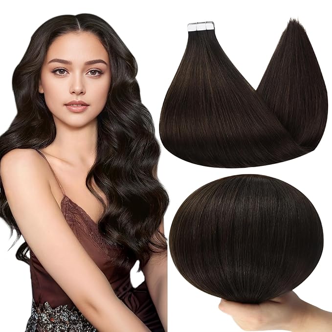 Full Shine Brown Tape in Hair Extensions Human Hair Color 2 Darkest Brown 10 Inch Human Hair Tape ins Double Sided Tape in Extensions Skin Weft Tape Extensions 30 Grams 20 Pcs for Women
