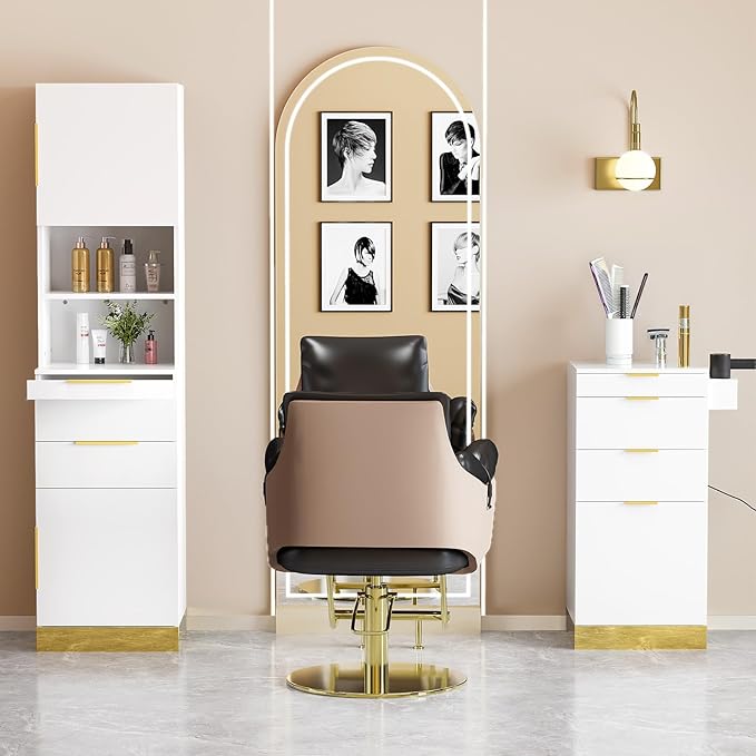 OmySalon Salon Station, Barber Station for Hair Stylist, Storage Cabinet with Stainless Steel Finish & Drawers & Heat Resistant Dryer Holders, Modern Style for Barbershop, White