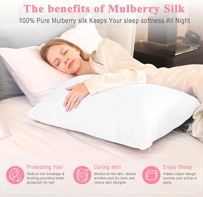 100% Pure Silk Pillowcase 2 Pack for Hair and Skin, Both Sides 23 Momme Grade 6A+ Mulberry Silk Pillowcases with Hidden Zipper, Soft&Smooth Cooling Pillow Cases (White, Queen 20x30)