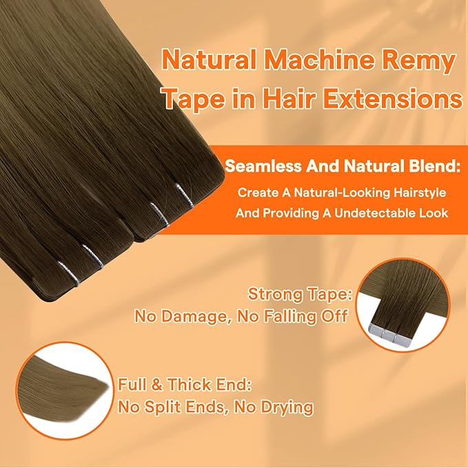 Full Shine Invisi Edge Injected Tape in Hair Extensions Human Hair Color R3 Dark Brown to 8 Light Brown Machine Remy Tape in Extensions Virgin Human Hair 12.5Grams 5Pcs 22Inch for Festivals