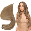 Full Shine Tape in Hair Extensions Human Hair Gold Brown Highlighted Hair Extensions Tape in Color Brown Balayage 20Inch Double Sided Tape in Hair Extensions 20Pcs 50Grams for Women