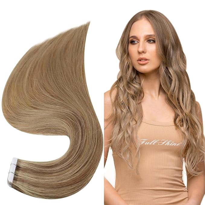 Full Shine Tape in Hair Extensions Human Hair Gold Brown Highlighted Hair Extensions Tape in Color Brown Balayage 20Inch Double Sided Tape in Hair Extensions 20Pcs 50Grams for Women