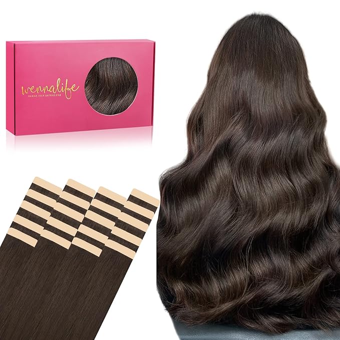 WENNALIFE Tape in Hair Extensions Human Hair, 20pcs 50g 14 inch Light Dark Brown Remy Hair Extensions Straight Human Hair Tape in Extensions Skin Weft Tape Extensions Human Hair