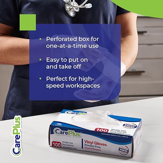 CARE PLUS Latex-Free Vinyl Gloves Clear Large Size 100 Count | Heavy Duty, Non-Sterile, Powder-Free, Rubber | Food Prep, Kitchen & Cleaning Gloves, Ideal for Professional Use